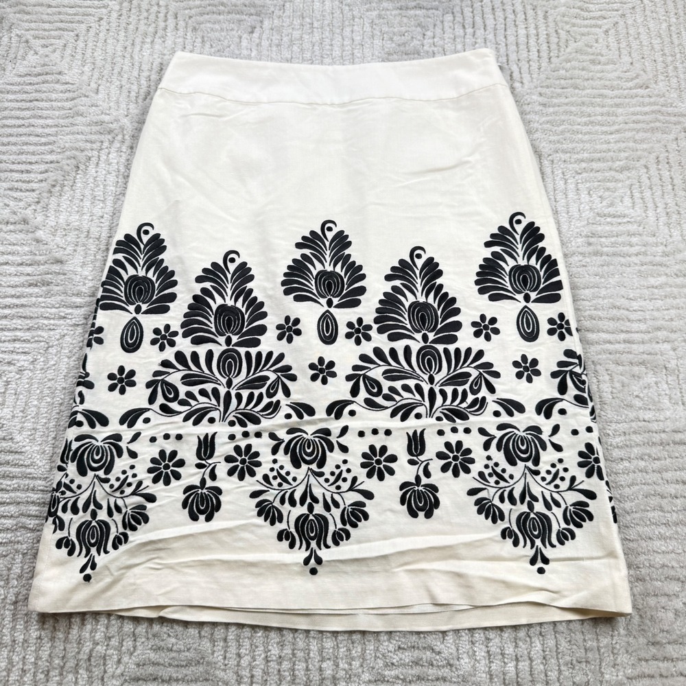 Ann Taylor LOFT Skirt Womens 6 Embroidered Linen A-Line Boho Coastal Work Floral